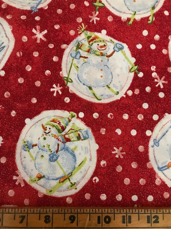 Red Snowballs Snowmen Polka Dot Cotton Print Fabric Red Snowballs Snowmen Polka Dot Cotton Print Fabric