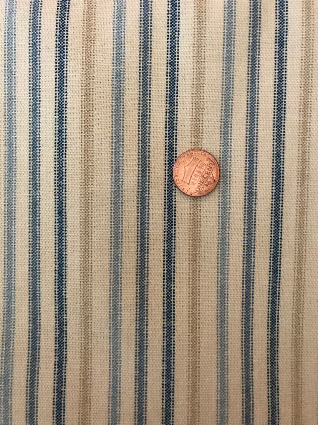 Vintage Style Blue Tan Ticking Stripe Cotton Duck Fabric Decorator