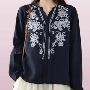 Women Clothing summer Cotton blouse,Vintage Long Sleeve Loose Shirts Casual Embroidery V Neck Tunic Office wear Tops,Girls blouse,Top & Tees