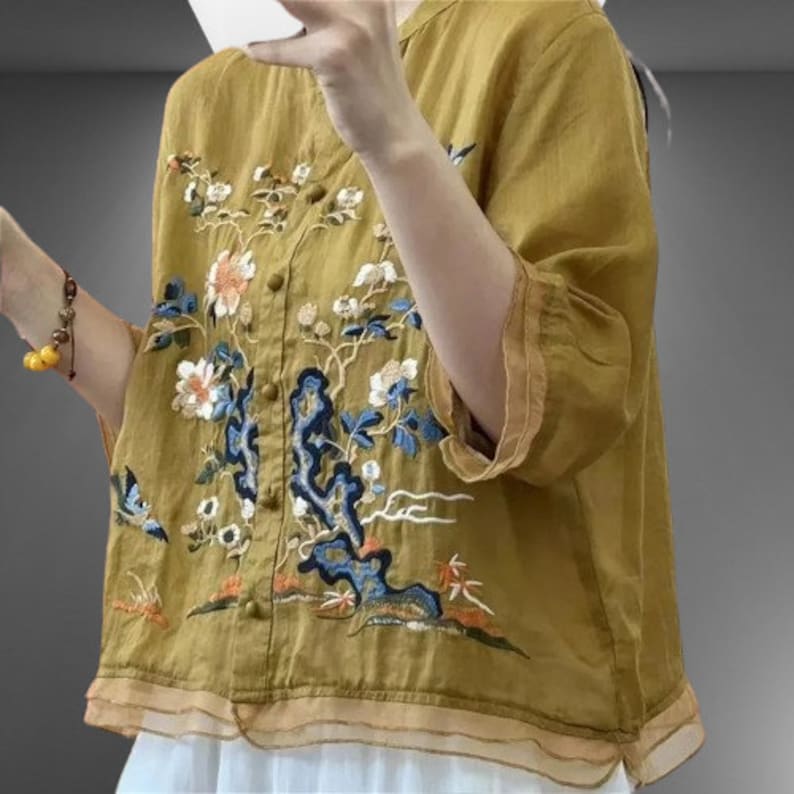 Women Summer Vintage Embroidered Cotton Short Sleeve T Shirt