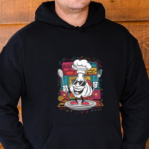Quirky Garlic Cook Hoodie: Charming Chef Illustration - Fun & Whimsical Culinary Apparel for Garlic Enthusiasts, Gift for Foodie