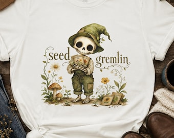 Seed Gremlin Shirt, Funny Skeleton Gardener Tee, Cottagecore Halloween Gift, Whimsical Plant Lover Top, Farm Witch Graphic Design