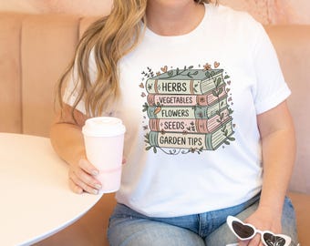 Whimsical Garden Stacked Books Tee: Cottagecore Plant Lover Shirt