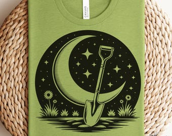 Dig Deep. Rest Hard. | Celestial Garden Shovel Shirt | Unisex T-Shirt | Farmcore Night Vibes | Gift for Gardeners & Dreamers | Cozy Calm