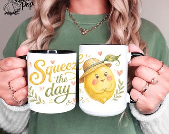 Lemon Mug, Squeeze The Day Coffee Cup, Cute Citrus Mug, Summer Kitchen Gift, Farmhouse Tea Cup, Lemon Lover Gift, Kawaii Lemon, Cottagecore