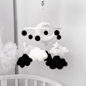 Black and White Baby Mobile: Montessori Felt & Boucle Clouds