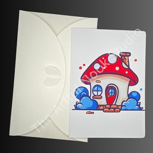 Cartes de voeux illustrées de conte de fées, enfantines, mignonnes et adaptées à toutes les scènes ! Mushroom House，chiot，hérisson，motos，cactus，pêche