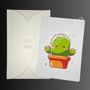 Carte de voeux illustrée de cactus, enfantine, mignonne et adaptée à toutes les scènes ! Champignon, chiot, hérisson, moto, jouet, pêche.