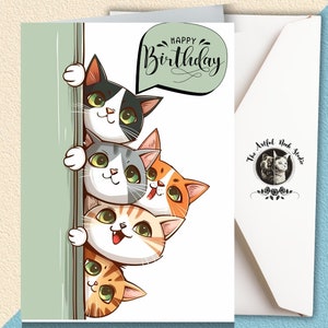 Cat Birthday Card, Funny Greeting Cards, Cute Curious Cat Animal Gift Art Card For Him/Her/Boyfriend/Girlfriend/Kids。 Minimal Design
