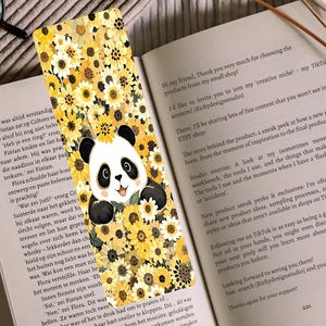 Segnalibro a forma di panda con girasole primaverile, compagno di lettura, regalo per gli amanti dei libri. Rickydesignstudio