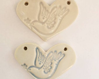 Set of 2 Ceramic Heart  Dove Pendants