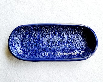 Cobalt Blue Swirly Textured Ceramic Butter Serving Dish