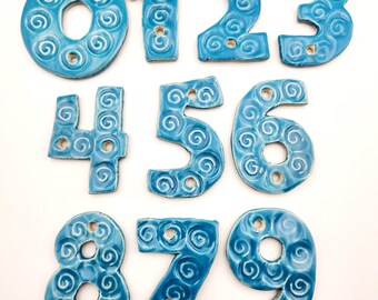 Ceramic House Numbers: Sky Blue Glaze Spiral Pattern Texture