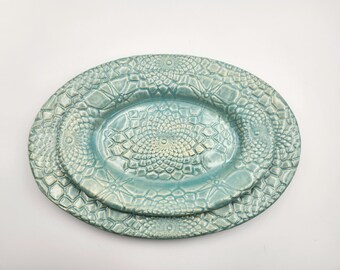 Aquamarine Blue Green  Lace Ceramic  Nesting 2 Piece Oval Plate and Platter Set