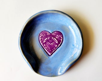 Large Blue With Pink Heart Ceramic Spoonrest and Tea-Bag Holder. Handmade  Pottery Dinnerware and Home Decor.
