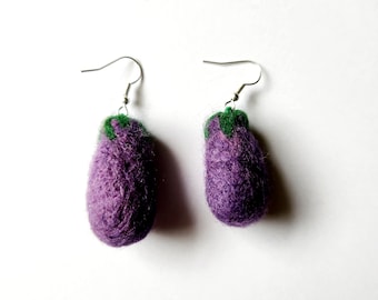 Needle Felted Wool Eggplant  Earrings With Silver Plated French Hooks