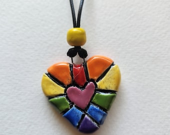 Rainbow Ceramic Heart Pendant Necklace