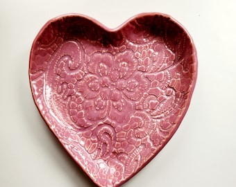 Pink Lace Ceramic Handmade Clay Heart Plate