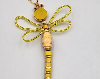 Sunny Yellow Beaded  Dragonfly Ornament