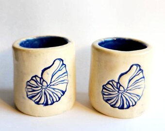Ceramic Nautilus Shell Set of Two Handmade Clay Two Ounce Shot Glasses
