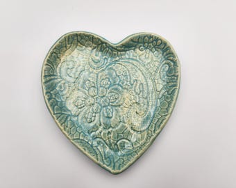 Turquoise Blue Lace Ceramic Handmade Clay Heart Plate