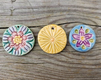 Three Piece Set of  Ceramic Flower Pendants