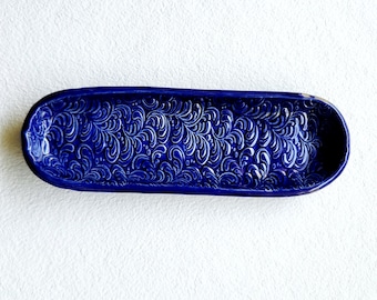 Long Cobalt Blue Swirly Textured Ceramic Cracker Serving Dish