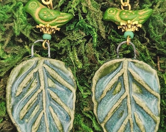 GreenLeaf With Bird Ceramic Dangle Earrings