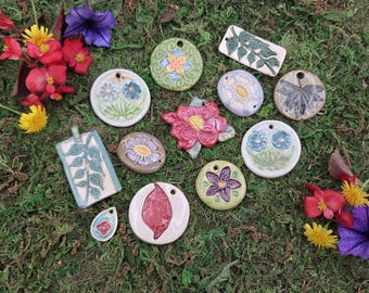 12 Unique Botanical Nature Inspired Ceramic Pendants Sampler Bundle