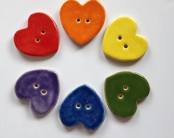 Set of Six Rainbow Ceramic Heart Buttons