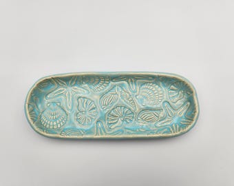 Long Aquamarine Bahama Blue Shell Textured Ceramic Cracker Serving Dish