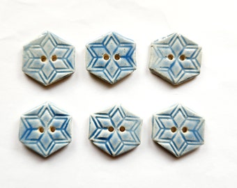 Set of 6 Sky Blue Quilt Inspired Ceramic Buttons