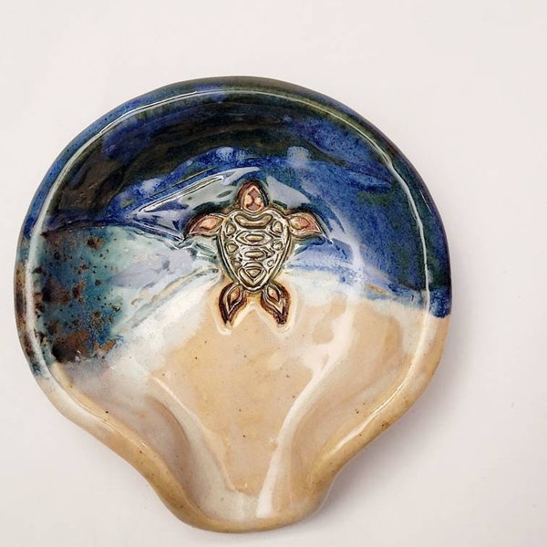 Blue Sea Turtle Nautical Ceramic Spoon Rest and Tea-Bag Holder. Ocean and Beach Themed Handmade Pottery and Home Decor.