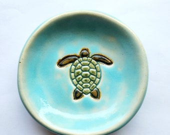 Aqua Blue Sea Turtle Nautical Ceramic 4" dish. Ocean and Beach Themed Handmade Pottery and Home Decor.