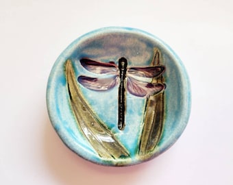 Small Blue Handmade Ceramic Dragonfly Dish. Garden and Insect Themed Handcrafted Pottery Dinnerware and Home Decor