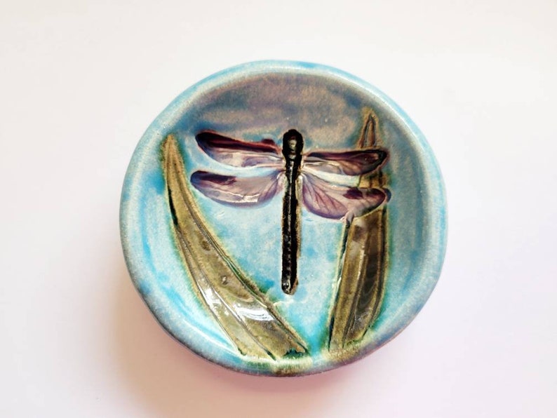 Small Blue Handmade Ceramic Dragonfly Dish. Garden and Insect Themed Handcrafted Pottery Dinnerware and Home Decor image 1