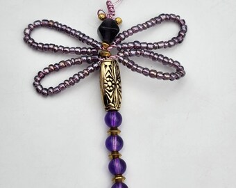 Purple Passion Flower Beaded  Dragonfly Ornament