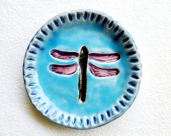 Blue Handmade Ceramic Dragonfly Dish. Garden and Insect Themed Handcrafted Pottery Dinnerware and Home Decor