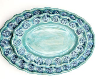 Aquamarine Blue Green Ceramic Nesting 2 Piece Oval Plate and Platter Set