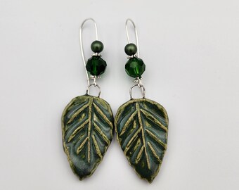 Green Leaf Ceramic Dangle Earrings