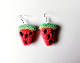 Needle Felted Wool Watermelon Earrings With Silver Plated French Hooks