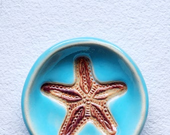 Handmade Turquoise Blue Starfish Ceramic Dish. Nautical Handcrafted Pottery. Sea Star Round Clay Dinnerware.