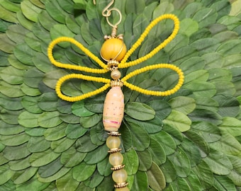 Sunny Yellow Beaded  Dragonfly Ornament