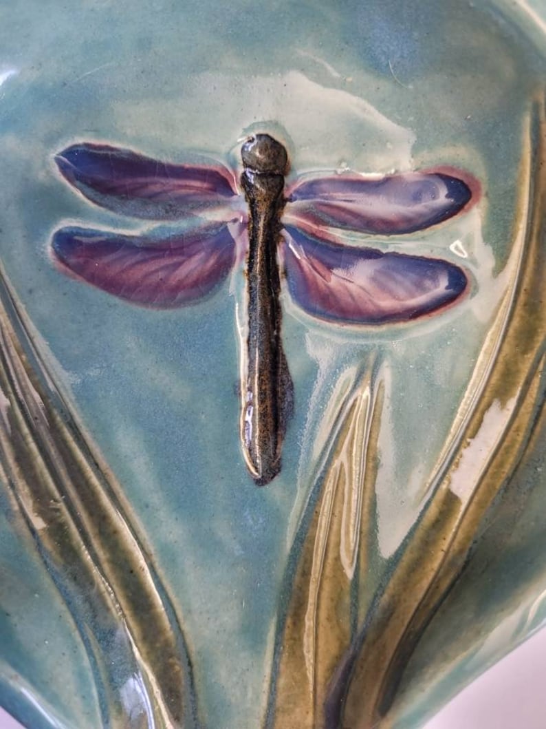 Large Blue Dragonfly Ceramic Spoonrest and Tea-Bag Holder. Handmade Garden and Insect Pottery Dinnerware and Home Decor. image 4