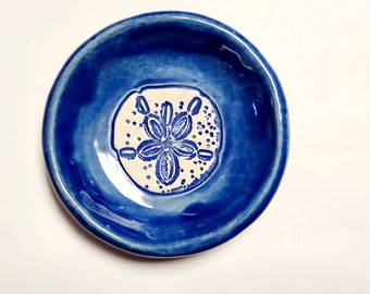 Handmade Blue Sanddollar Ceramic Dish. Nautical Handcrafted Pottery.  Round Clay Dinnerware.