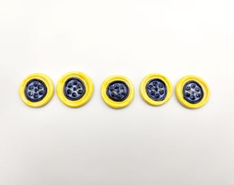 Set of Five Modern Yellow, Blue, and  Black Glazed  Ceramic Buttons