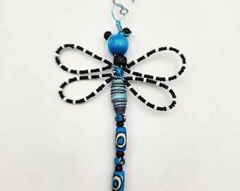 Tribal Teal Beaded  Dragonfly Ornament