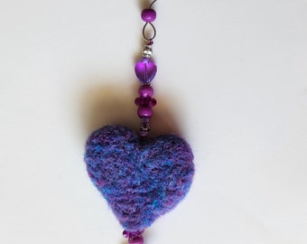 Blue and Purple Mustang Horse Lovers Window Charm With Needle Felted Wool Heart