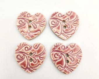Set of Four Textured  Pink  Ceramic Heart Buttons