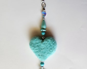 Bright Aquamarine Blue Mustang Horse Lovers Window Charm With Needle Felted Wool Heart